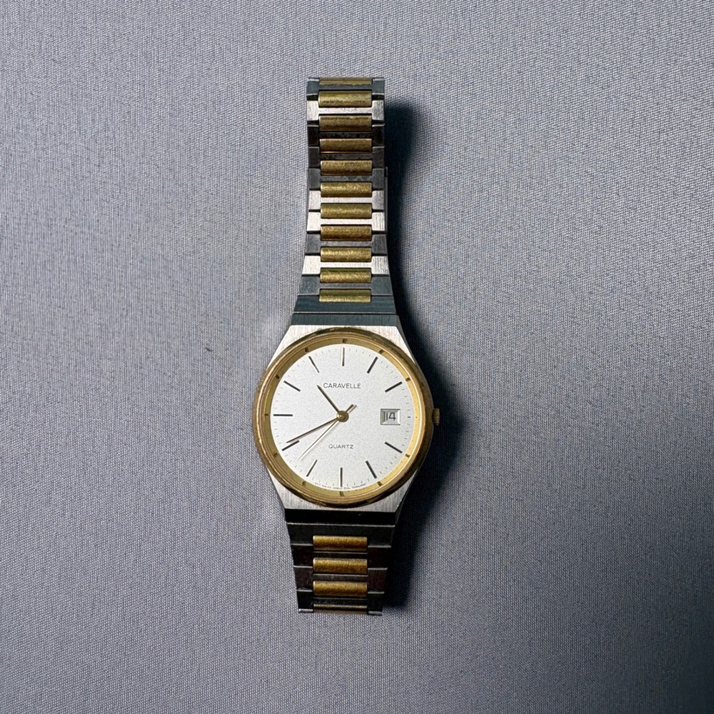 Caravelle by Bulova Two Tone Quartz Watch Silver Dial Date Window 40B01 Vintage